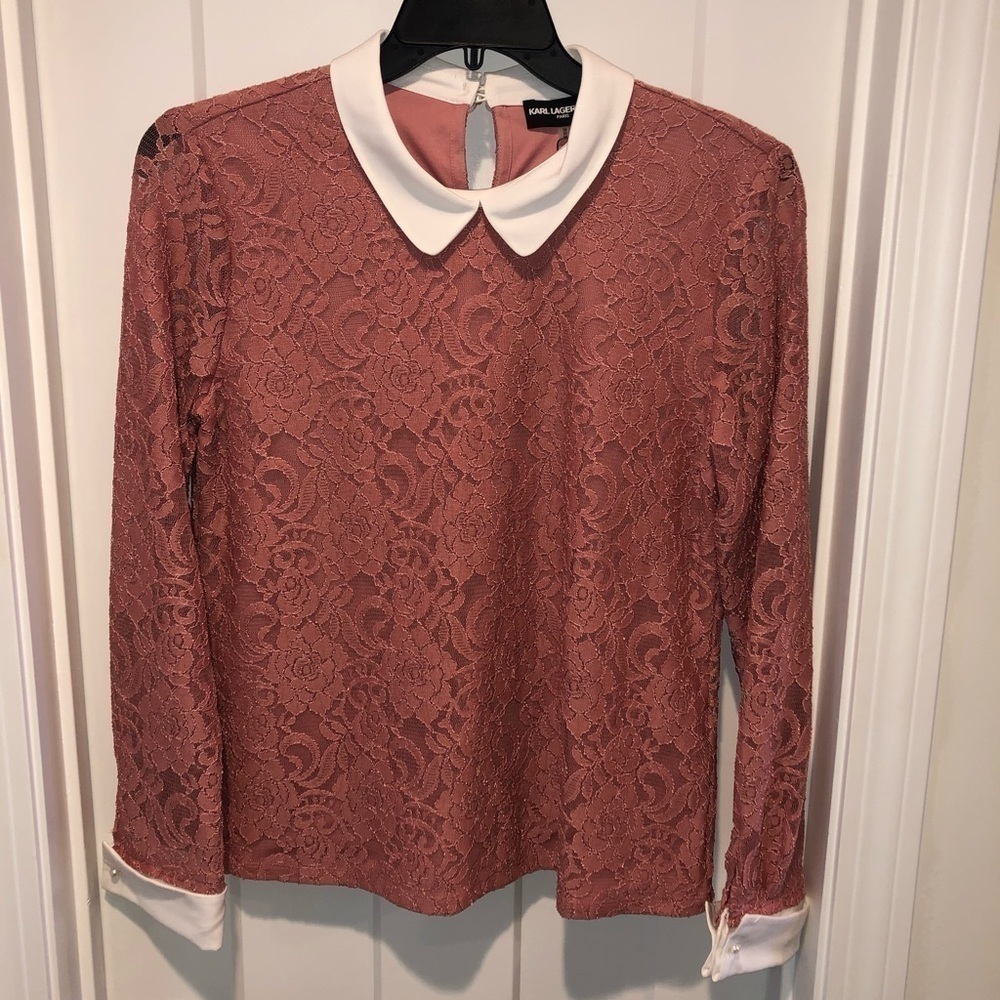 𝅺NWT Karl Lagerfeld Pink Lace Collared Shirt